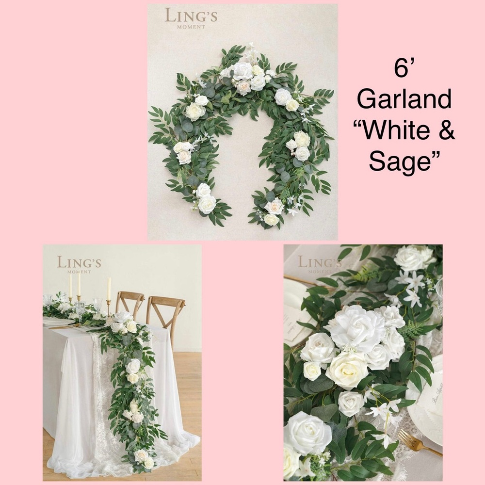 Ling's Moment 6' Head Table Garland in 'White & Sage'. This is brand new!